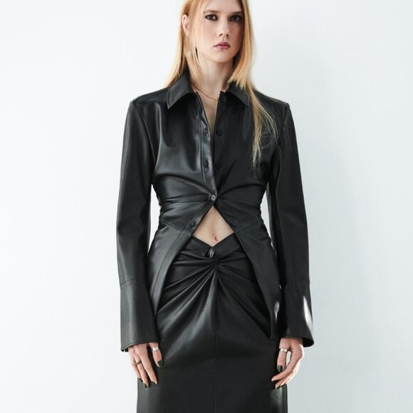 Zara Fitted Faux Leather Overshirt Black Size S - Picture 1 of 11